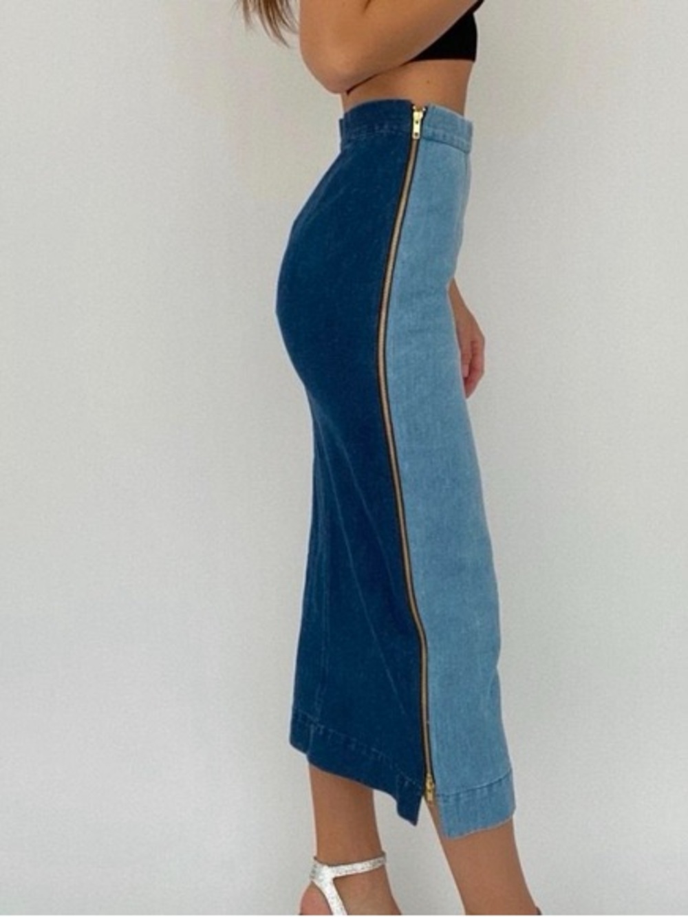 NWT Mara Hoffman Two Tone Blue Denim UMA Pencil Skirt w/ adjustable Side Slits